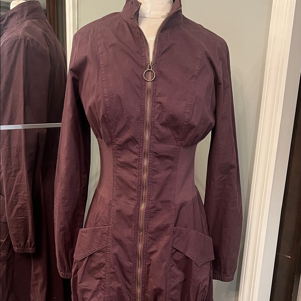 Zip-Front Long Trench Coat in Deep Plum - Picture 3 of 7